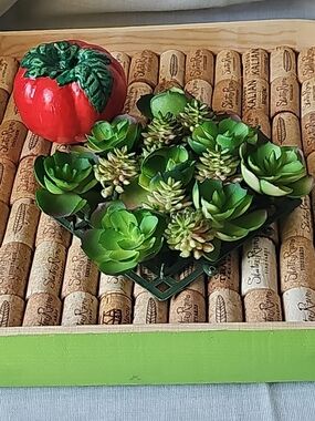 Handcrafted Square Wine Cork Decorative Green Wood Tray Serveware 12x12"x2